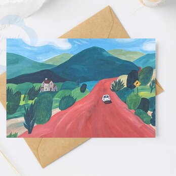 （105）赤い道と白い車の風景　ポストカード　3枚セット