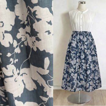 花柄リネン◇ ふんわり柔らかなソフト加工◇スモーキーブルー×薄グレー