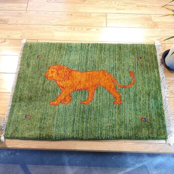 ペルシャ　ダバールギャッベ　玄関マット　ラグ　88×62㎝　緑　ライオン　B1495