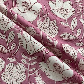 インド ブロックプリント生地 [50cm単位] Sanganeri 花畑 白抜きピンク PP フラワー IF0117