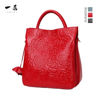 トートバッグ 本革レザー ショルダー   3way 大容量　おしゃれ 圧花　丈夫　通勤  レッド  MD29-2