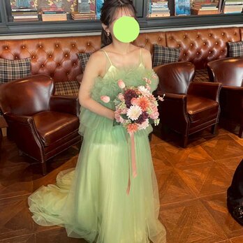 実例写真！2ways カラードレス キャミソール ミントグリーン 胸元フリル ロングトレーン 花嫁