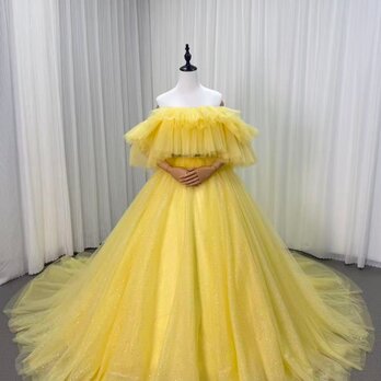 カラードレス イエロー オフショルダー キラキラチュール サッシュベルト ロングトレーン 披露宴 花嫁