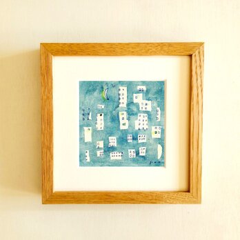 【原画・水彩画】「夜の町」 ※木製額縁入り（18㎝角）