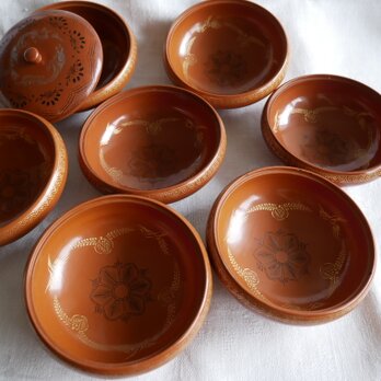 日本製漆器　蓋付の煮物椀7客セット　龍落子文様（沈金・蒟醤）