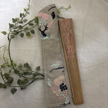 ★ハンドメイド★ ★★ ☆リネン音の絵ぼーあん、ぼーあん刺繍扇子ケース★★箸袋