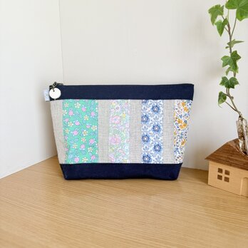 パッチワークと帆布のマチ付きポーチ（ネイビー）