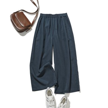 ウエストが楽な着やせワイドパンツ　コットンリネン 鉄紺　200907-14