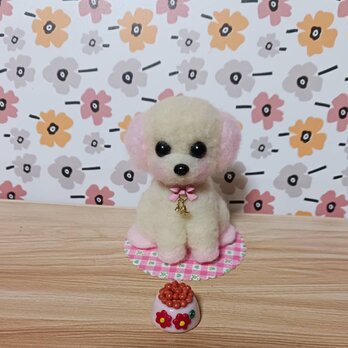 羊毛フェルト 耳足ピンクのマルチーズ