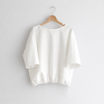 選べる袖丈 ボートネック クロップド丈 裾ドロスト プルオーバー｜リネン100%_White