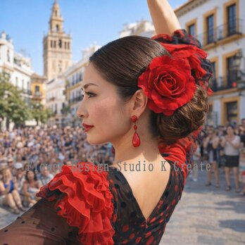 フラメンコ・ダンス・発表会に♡ベロア調の赤い薔薇のヘアクリップ　フラメンコ　フローレス　ヘアクリップ　薔薇　バラ　ローズ　赤