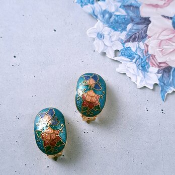 cloisonné cerulean blue butterfly flower ヴィンテージイヤリング