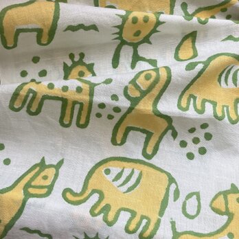 インド ブロックプリント生地 [50cm単位切売] サンガネリ 動物 イエローXグリーン 馬 象 きりん IF0514