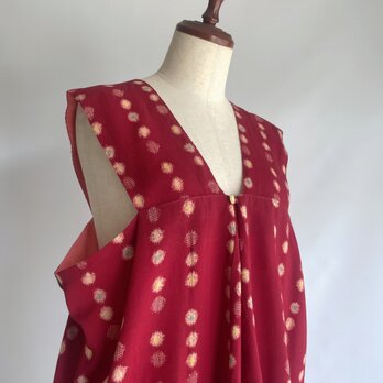 【1点もの】ジャンパースカート -レーヨン 着物解き 赤紫 レトロ幾何学絣風水玉小紋（ヴィンテージ） JPD732