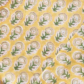 インド ブロックプリント生地 [50cm単位切売] サンガネリ ベージュフラワーonマスタードイエロー IF0516