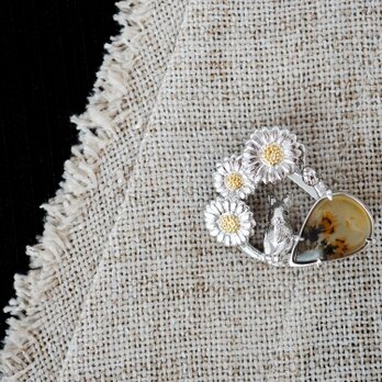 【2way】デイジーとうさぎの庭園 ブローチペンダントトップ（デンドリティックアゲート）