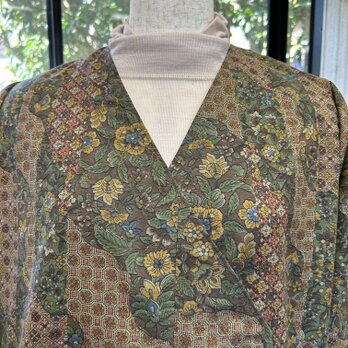 着物リメイク紬の長着花柄ワンピース