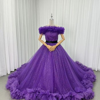 カラードレス パープル 取り外しオフショルダー シークインチュール ラッフルフリル ロングトレーン 披露宴