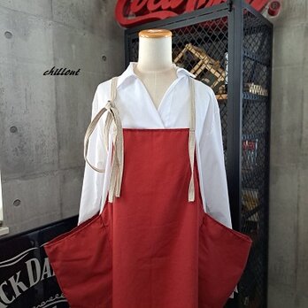 【背中がかわいい】エプロンドレス：ボルドー×リネン【0889】