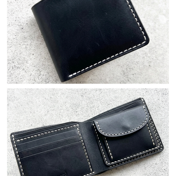 二つ折りのサイフ　シンプル　イタリアレザー　(留め具無しタイプ)　ブラック