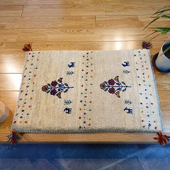 ペルシャ　ギャッベ　玄関マット　ラグ　92x66cm　アイボリー　花　RJ15025