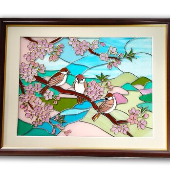 雀が集う桜のハーモニー　ステンドグラス風アート
