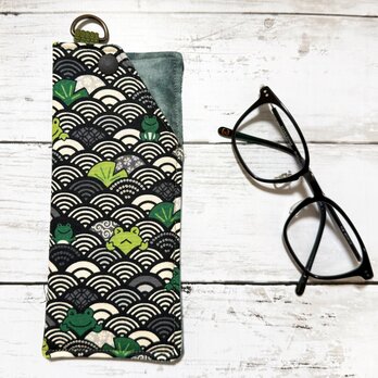 ソフトメガネケース　【和柄・青海波×蛙★グレー】