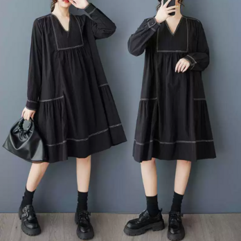 ★ビッグサイズ レディース  Vネックワンピース ゆったりシルエット 体型カバー 着痩せ  通勤 おしゃれ春夏