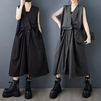 春夏★オーバーサイズ ベストワンピース プリーツ ノースリーブ ミドル丈 ゆったりシルエット 体型カバー 着痩せ レディース