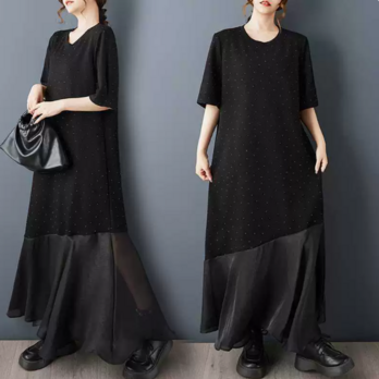 ★ビッグサイズ  レディース 半袖  丸首ワンピース ゆったりシルエット 体型カバー 着痩せ  通勤 おしゃれ春夏