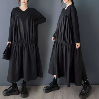 ★ビッグサイズ レディース 長袖 丸襟 ワンピース ゆったりシルエット 体型カバー 着痩せ  通勤 おしゃれ春夏