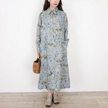 ラスト！[予約販売] リネンボタニカルのクラシカルワンピース - 標本箱の追憶 -グレイッシュブルー 旅行 ランチ 美術館