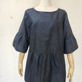 大島紬リメイク　ギャザー袖チュニック