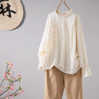 【受注】綿100％/コットンブラウス/大人おしゃれカジュアルシャツ/ゆったりシルエット/通勤/春夏