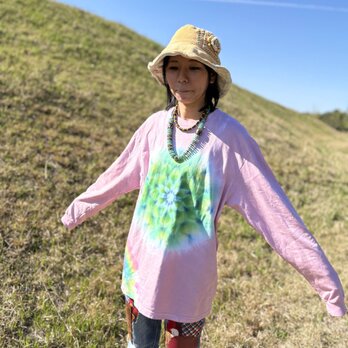 タイダイ 長袖 Tシャツ XLサイズ 曼荼羅 ピンクベージュ HIPPIES DYE新作　 HD25-77