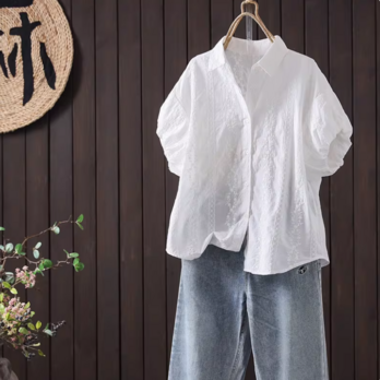 【受注】綿100％/半袖シャツ/コットンブラウス/大人おしゃれカジュアル/ゆったりシルエット/通勤/夏