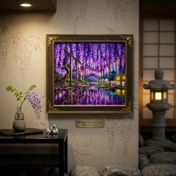 藤の花の油絵【紫光のカーテン】白毫寺 九尺ふじ 原画 一点物 インテリア 風景画 額縁対応可
