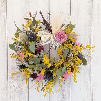 ヤシャブシのリースS（ユーカリとミモザ）