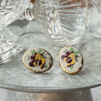 Y1243-ヴィンテージイヤリング U.S.A. 1940-50's  Pansy Porcelain Oval