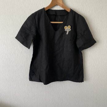 麻生地シンプルVネック半袖ブラウス　黒M～L