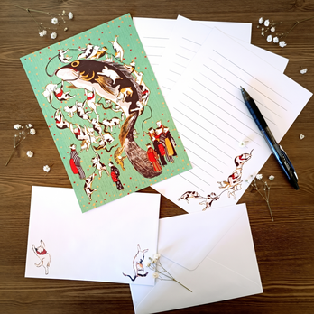 浮世絵「ねこのたハむれ」レターセット 鯰絵と猫の和風便箋 ｜ 若竹色（わかたけいろ）