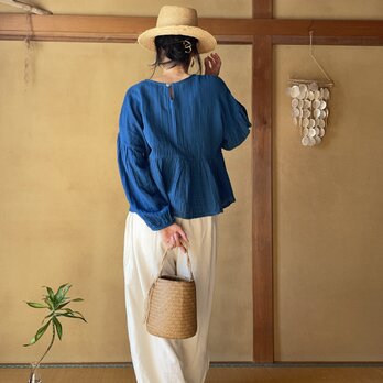 ダブルガーゼフリルブラウス　藍染め／Double Gauze Frill Blouse in Indigo