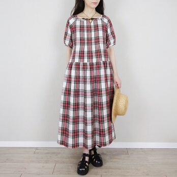 [予約販売] テッキングタータンホワイトグリーンピンタックパフワンピース