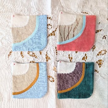 小鳥のリバーシブルコースター〜刺繍とプリントと染色布のコースター