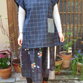着物リメイク☆紺格子紬でフレンチ袖カジュアルチュニックの画像