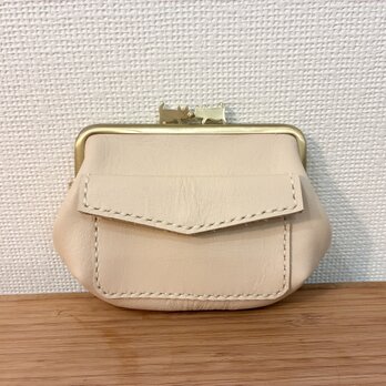 ぱかっと開くとお部屋が3つの親子がまぐち♪外ポッケが付いたダブルにゃんこ口金の四角い本革ミニ財布