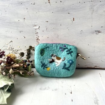 カラフルなお花と動物の羊毛刺繍ポーチ（ペパーミント✖️バブルガム）