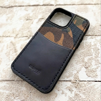 iPhone バック　レザーケース　カードポケット付き　カモフラレザー  ×ブラック