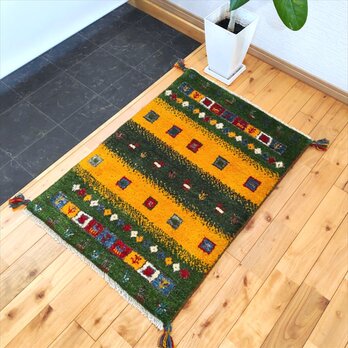 ペルシャ ギャッベ　玄関マット　ラグ　87x60cm　黄金色　緑色　ヤギ　羊　生命の木　RJ16619
