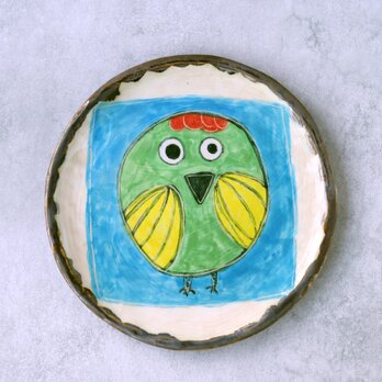 小鳥の歌シリーズ（黄色い羽根の緑の小鳥）・手描き絵皿
